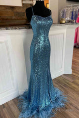 Long Sequined Blue Straps Prom Dress with Feather Hem