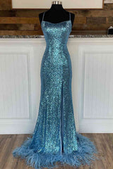 Long Sequined Blue Straps Prom Dress with Feather Hem