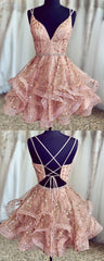 Stunning Pink Short Homecoming Dresses, Shiny Sequined Homecoming Dresses, Ball Gown Formal Dresses, For Teens