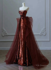 Glam Wine Red Sequins And Tulle Long Party Dress, Wine Red Evening Dress Prom Dress