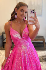 Glitter Fuchsia Sequins Long Prom Dress