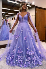 Glitter Purple A-Line Long Prom Dress with 3D Flowers