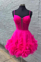 Glitter Straps Hot Pink Ruffle A-Line Homecoming Dress