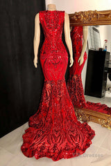 Glittery Long Red Mermaid Sleeveless Prom Dresses Sequin