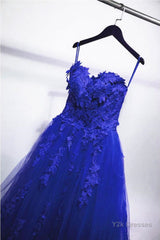 Gorgeous Blue Lace Floral Long Prom Dress, Blue Appliques Formal Evening Dress, Blue Ball Gown