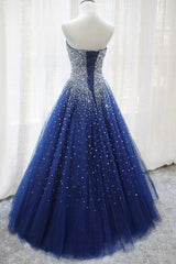 Gorgeous Strapless Blue Tulle Beaded Long Prom Dresses, Beaded Blue Formal Evening Dresses, Beaded Ball Gown