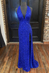 Gorgeous V Neck Mermaid Blue Sequins Long Prom Dress, Mermaid Blue Formal Dress, Blue Evening Dress