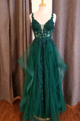 Hunter Green Flower Straps Deep V Neck Appliques Ruffles Long Prom Dress