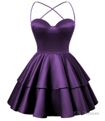 Grape Satin Homecoming Dress Sweetheart Neck Tiered Short Graduation Dresses