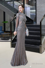 Gray Long Sleeve Mermaid Prom Dresses With Sequins High-Neck Prom Dresses