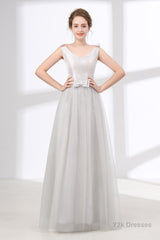 Gray Silver V Neck Tulle Prom Dresses