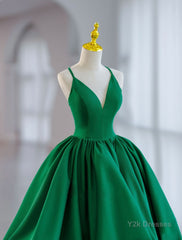 Green Ball Gown Satin Short Prom Dress, Green Satin Evening Dress