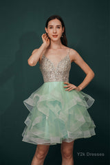 Short A-Line V Neck Tiered Shiny Beads Crystal Homecoming Dresses