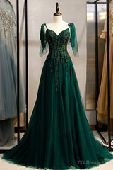 Green V-Neck Lace Long Prom Dress, A-Line Spaghetti Straps Evening Dress