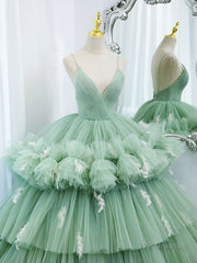 Green v neck tulle long prom gown, green tulle sweet 16 dress