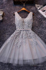 Grey Lace-up Tulle Short Homecoming Dress with Lace Appliques