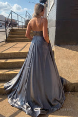 Grey Spaghetti Straps Backless Long Prom Dress with Pockets