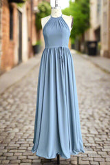 Halter Open Back High Neck Chiffon Long Dusty Blue Plus Size Bridesmaid Dress