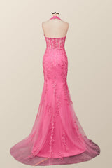 Halter Fuchsia Yellow Lace Mermaid Prom Dress