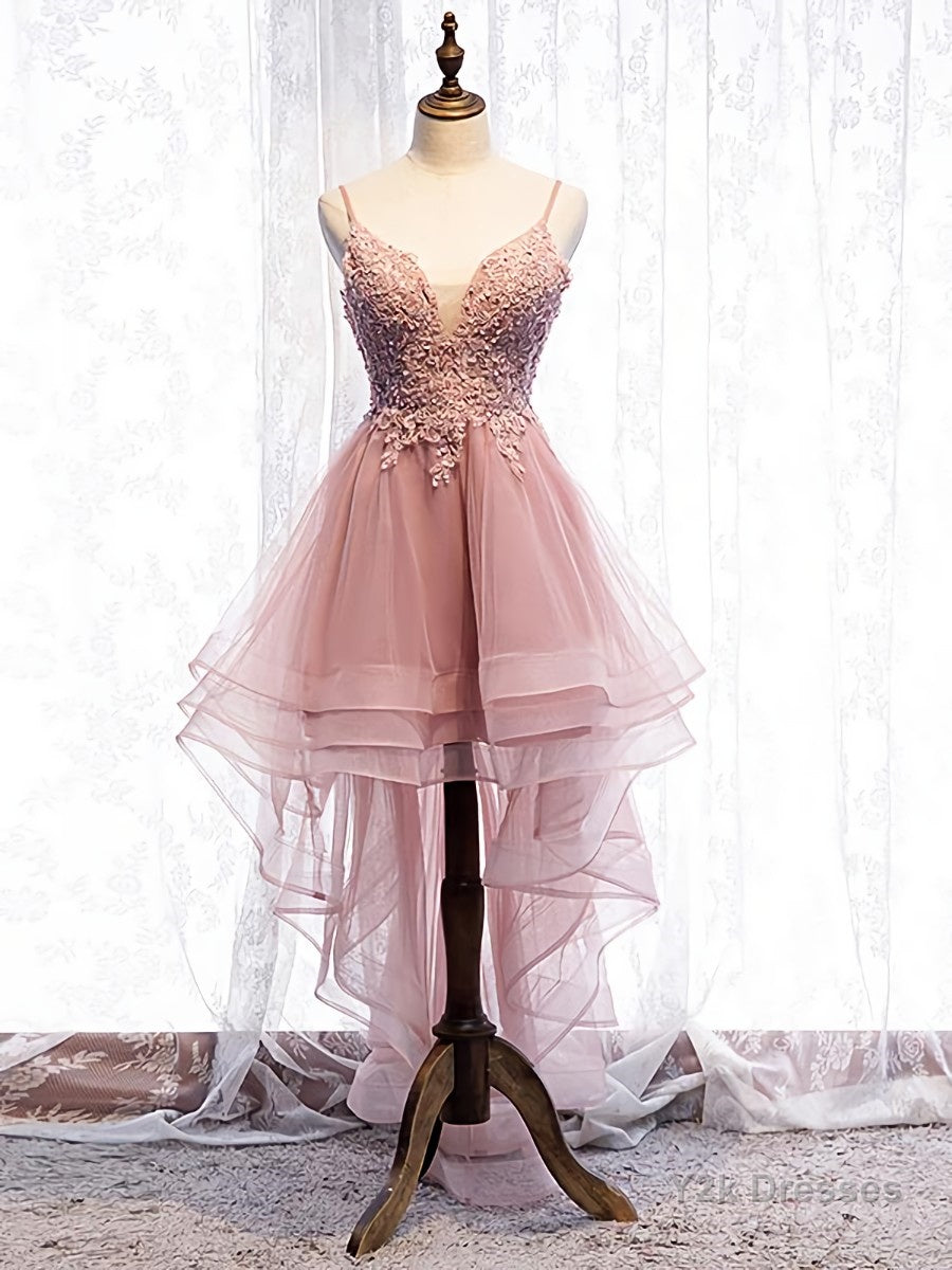 High Low Pink Lace Prom Dresses, Pink High Low Formal Graduation Homecoming Dresses