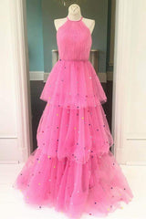 Hot Pink A-Line Tulle Prom Dress with Colorful Dots