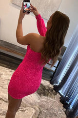 Hot Pink Beaded Sequins One Shoulder Tight Homecoming Dress