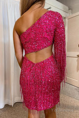 Hot Pink Open Back One Shoulder Sequins Tight Homecoming Dress