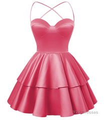 Hot Pink Satin Homecoming Dress Sweetheart Neck Tiered Short Graduation Dresses