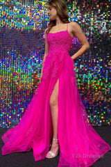 Hot Pink Tulle A Line Prom Dress with Appliques