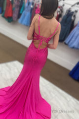 Hot Pink V Neck Mermaid Prom Dress with Slit