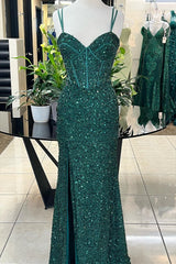 Hunter Green Sweetheart Straps Sequins Long Prom Dress