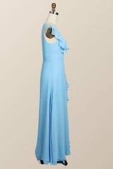 Blue Chiffon Ruffles Long Bridesmaid Dress