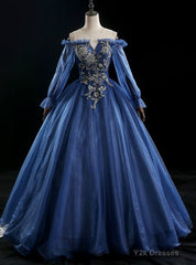 In One Step Navy Blue Ball Gown Tulle Long Sleeve Beading Quinceanera Dress