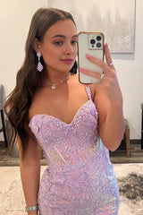 Lavender One Shoulder Sequin Corset Prom Dress with Slit Formal Evening Dresses