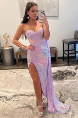 Lavender One Shoulder Sequin Corset Prom Dress with Slit Formal Evening Dresses