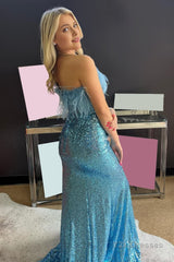 Light Blue Sparkly Sequins Off the Shoulder Long Prom Dress with Feathers