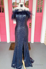 Light Blue Sparkly Sequins Off the Shoulder Long Prom Dress with Feathers