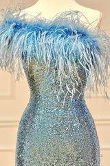 Light Blue Sparkly Tight Sequins Homecoming Dress with Feathers