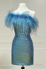 Light Blue Sparkly Tight Sequins Homecoming Dress with Feathers