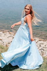 Light Blue V-neck A-Line Prom Dress with Pockets