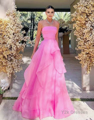 Light Pink A Line Strapless Organza Prom Dress