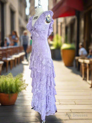 Purple Lace Long Prom Dresses Backless Evening Dress Stunning Maxi Dress