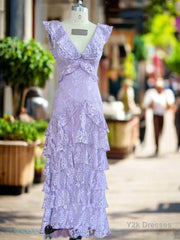 Purple Lace Long Prom Dresses Backless Evening Dress Stunning Maxi Dress