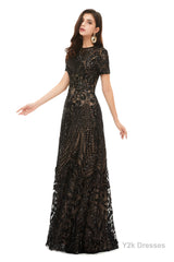 Long Black Sparkly Sequins Prom Dresses With Short Sleeves