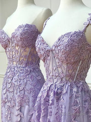 Long Purple Lace Prom Dresses,Unique A Line Formal Evening Dress