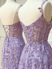 Long Purple Lace Prom Dresses,Unique A Line Formal Evening Dress