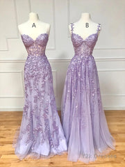 Long Purple Lace Prom Dresses,Unique A Line Formal Evening Dress