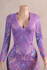 Long Sleeve Purple Prom Dresses for Teens Black Girls Luxury Feather Hem Plus Size Evening Gown Womens Sequin Party Dress