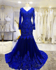 Long Sleeves V-neck Lace Prom Mermaid Dresses,Women Evening Dress