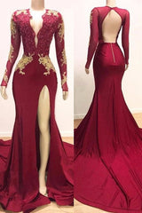 Long Sleeves V-neck Mermaid Prom Dress,Leg Split Formal Evening Dresses